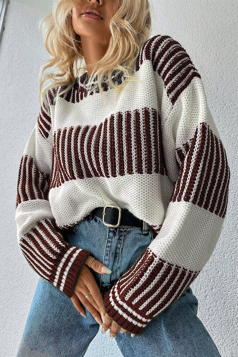 Brown Two Tone Striped Patchwork Drop Shoulder Sweater Sweaters d61bde6db04652de