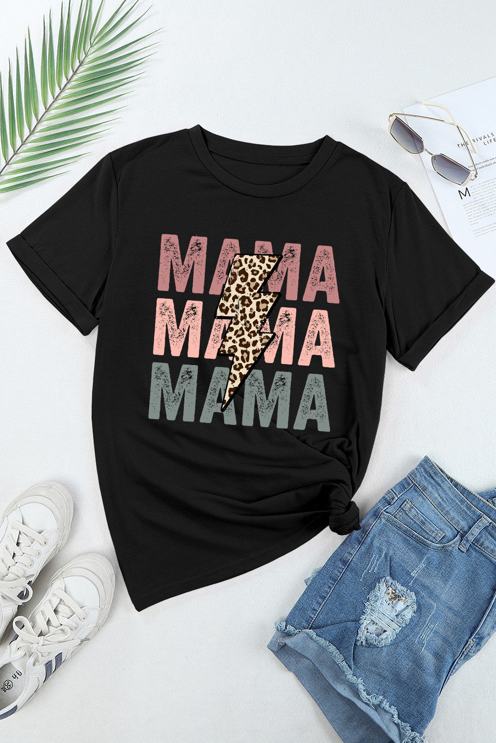 Black Leopard Lightning MAMA Letter Print Graphic Tee Graphic Tees d62a1edd0d882385