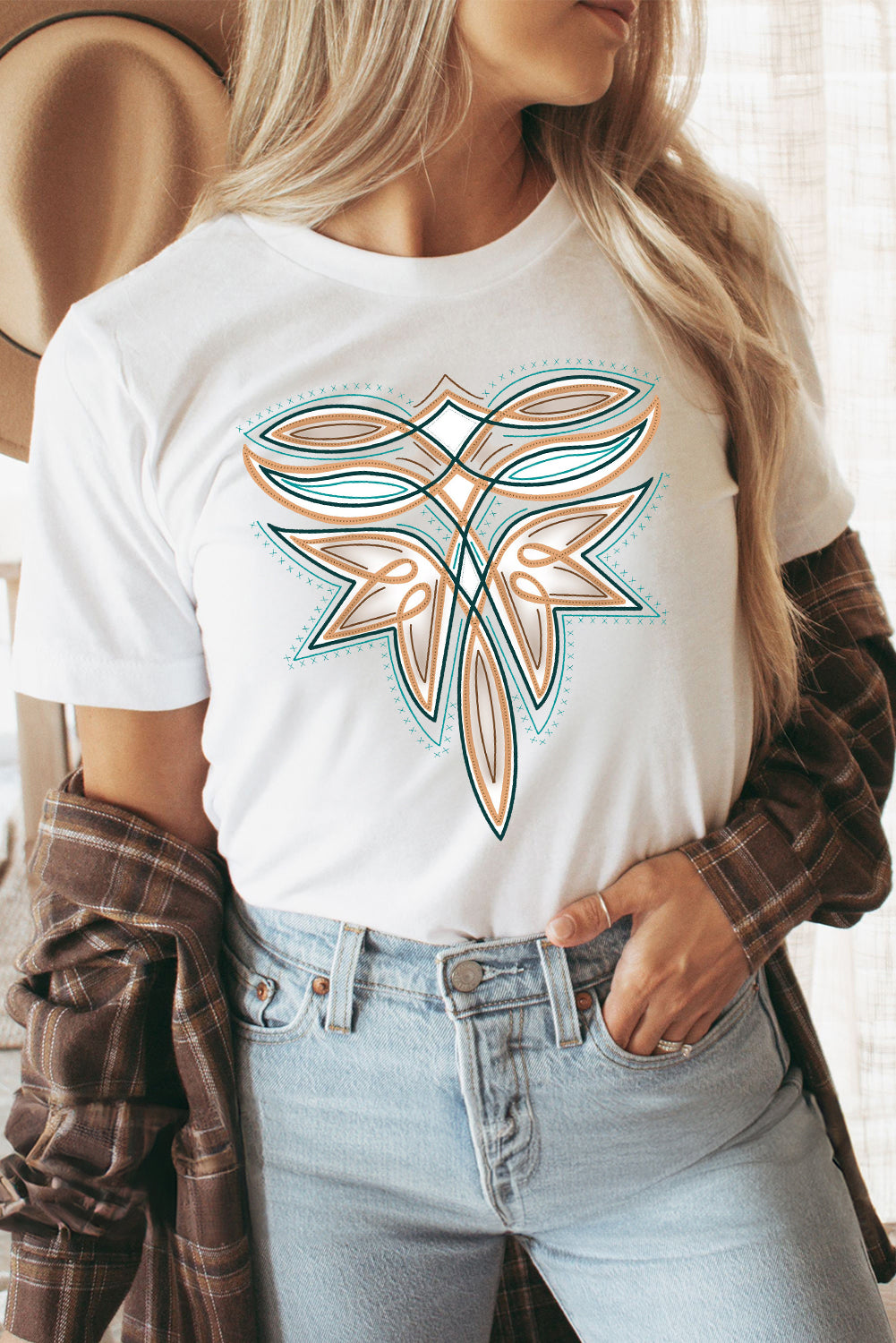 White Boot Stitch Pattern Heat Transfer Printing Cotton Blend Tee Graphic Tees d660d1334f49d70e