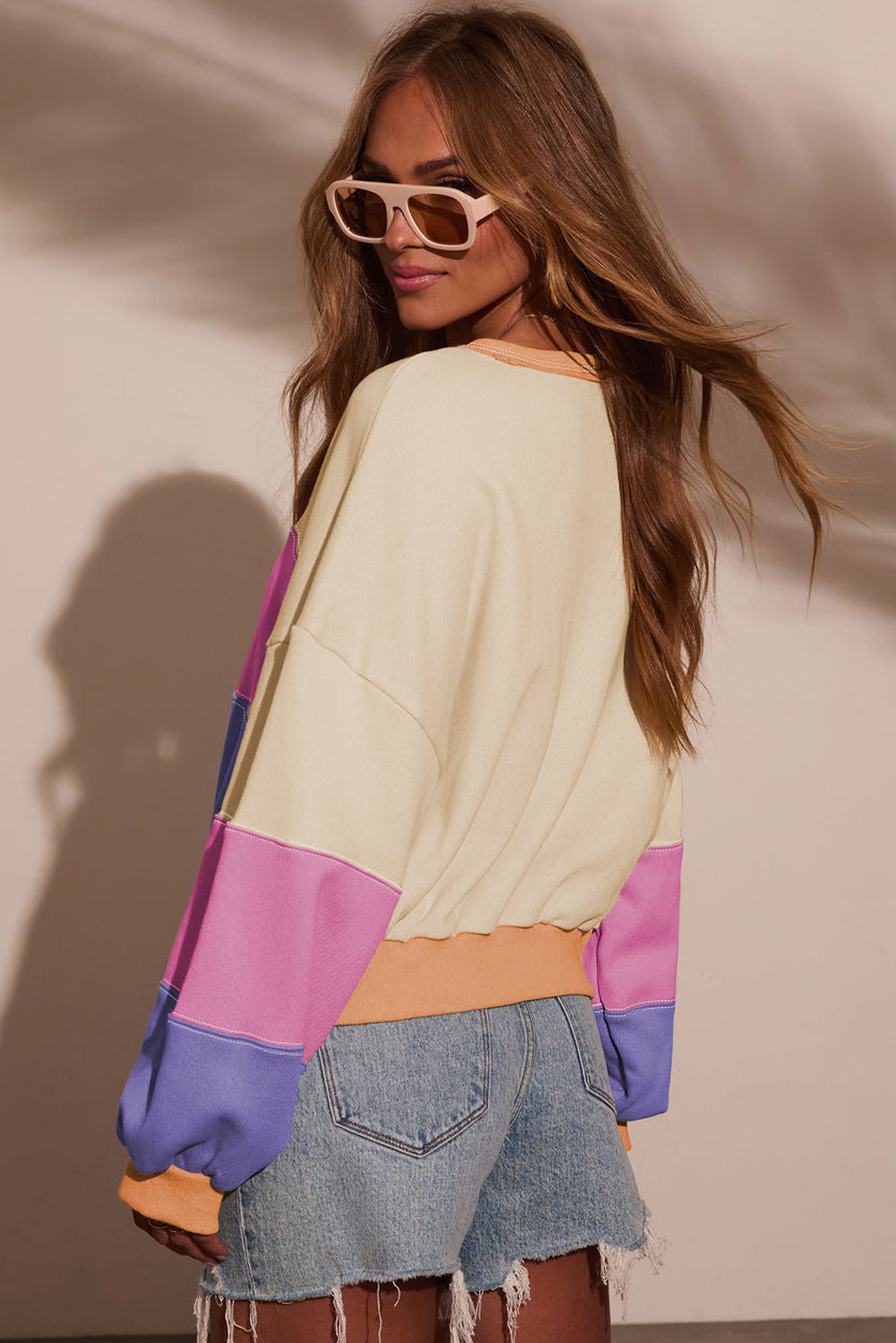 Phalaenopsis Color Block Patchwork Drop Shoulder Cropped Sweatshirt Sweatshirts & Hoodies d66907b4c536ea34