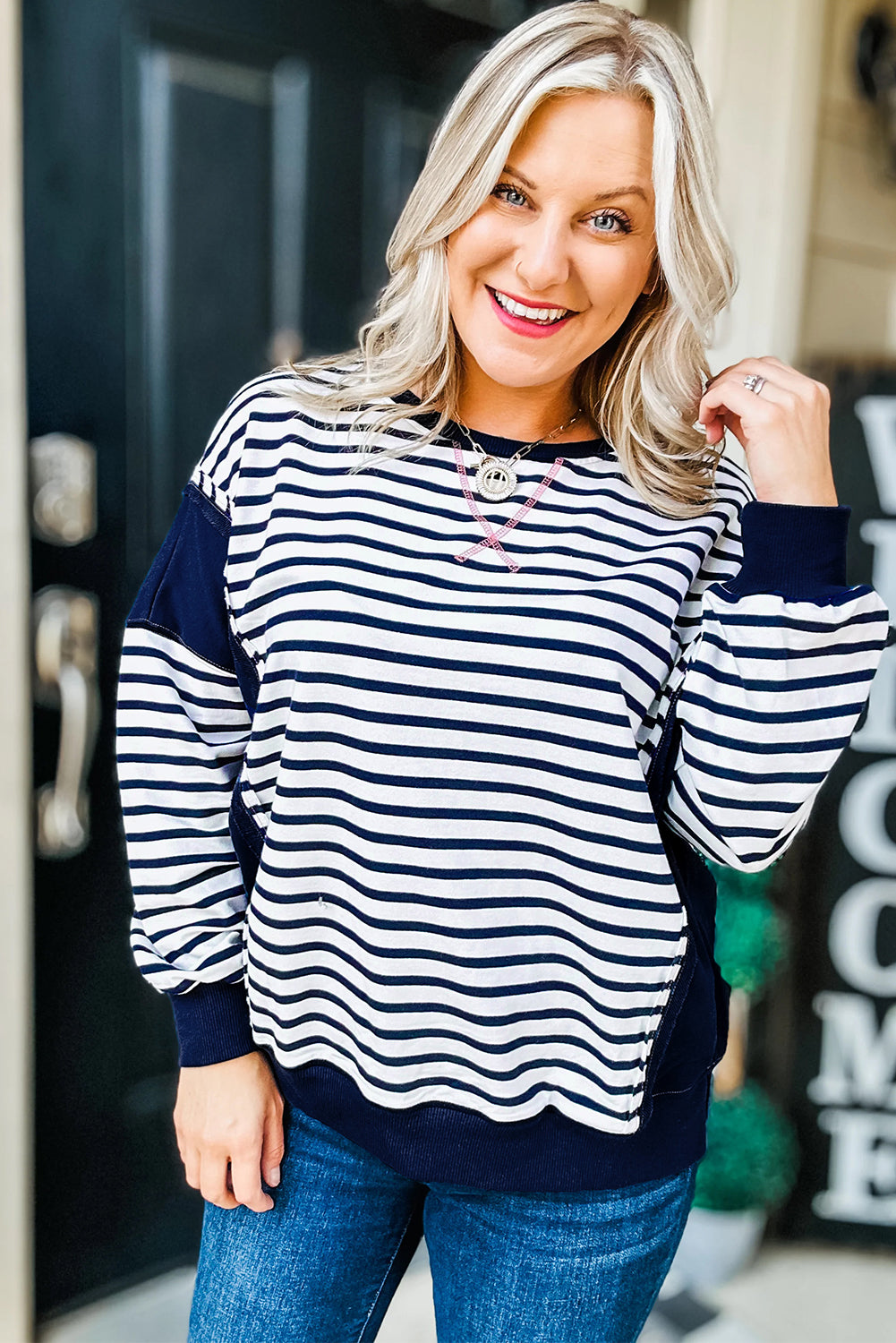 Blue Stripe Contrast Stitched Detail Color Block Patchwork Plus Size Sweatshirt Plus Size Tops d68fb70fa49a60df