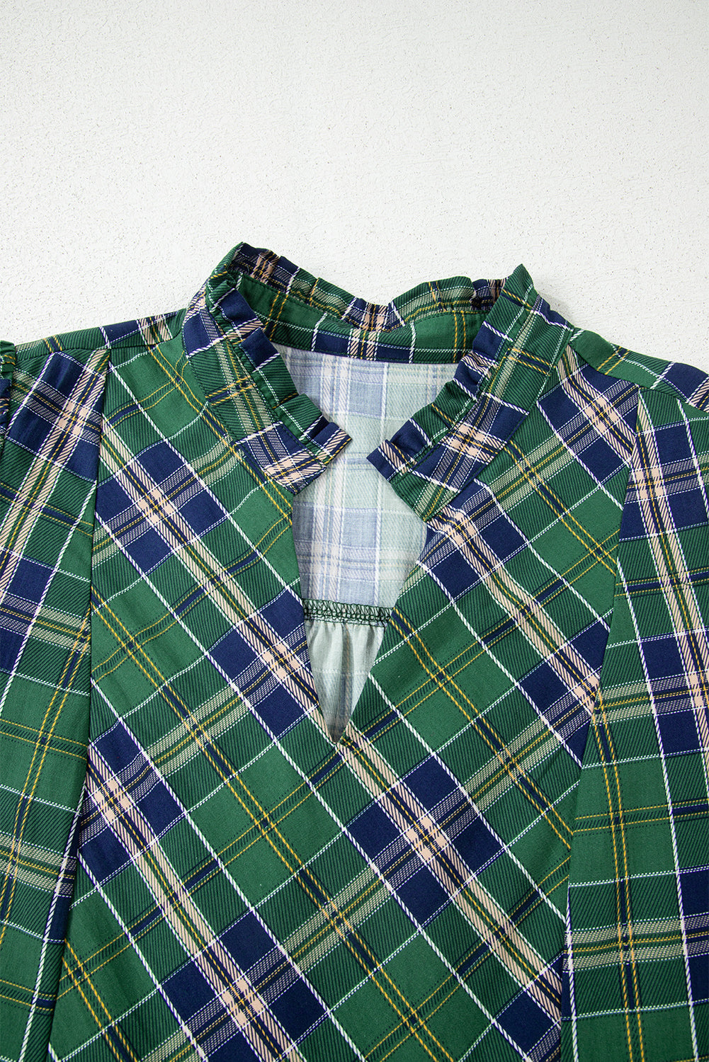 Green Plaid Print Frill Neck Long Sleeve Mini Dress Short Dresses d6a0c901bdb49f2e