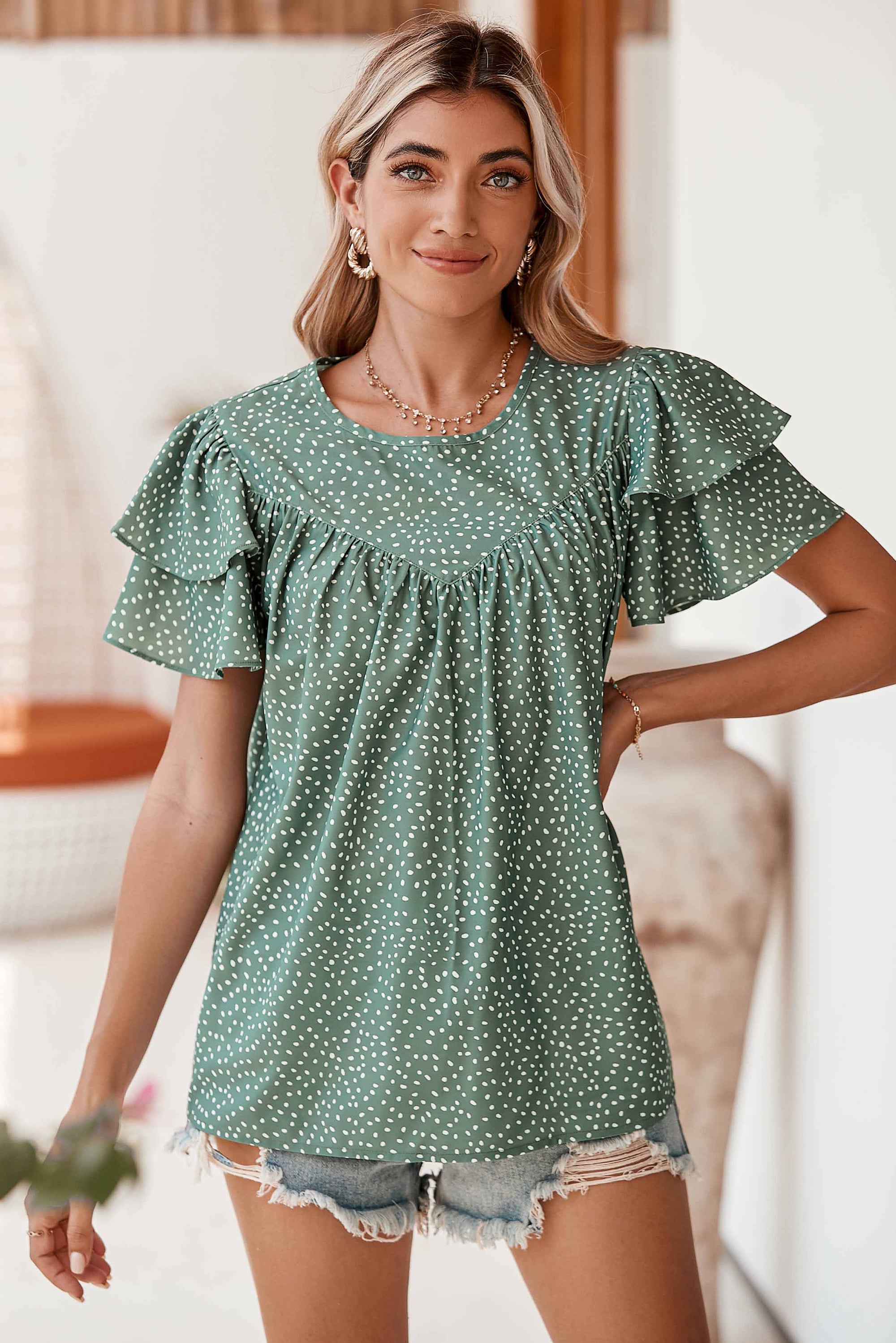 Laurel Green Spotted Print Pleated Ruffle Sleeve Blouse Blouses d6ae6e0a69dad04b