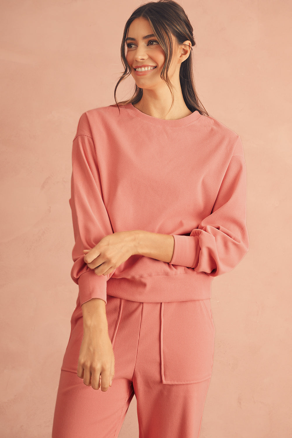 Blossom Ribbed Drop Shoulder Sweatshirt Pocketed Pants Set Two Piece Pants Sets d6d6a4a6197d8c9e