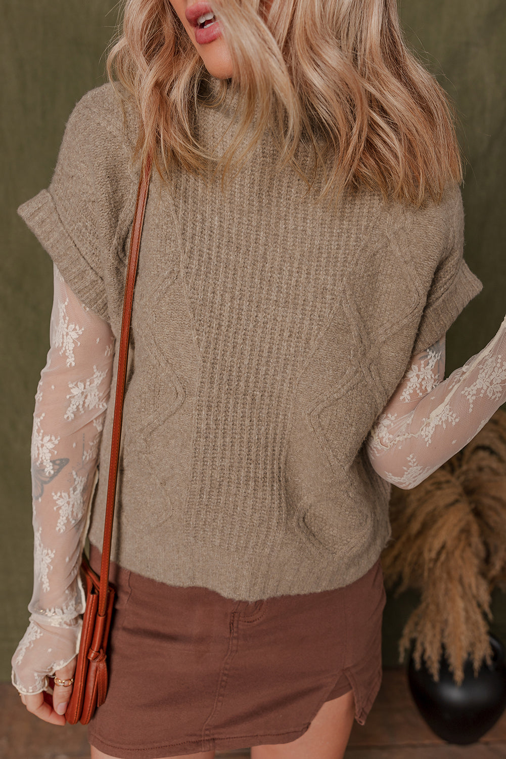 Smoke Gray Textured Knit Mock Neck Short Sleeve Sweater Short Sleeve Sweater d742815a9e18d05b