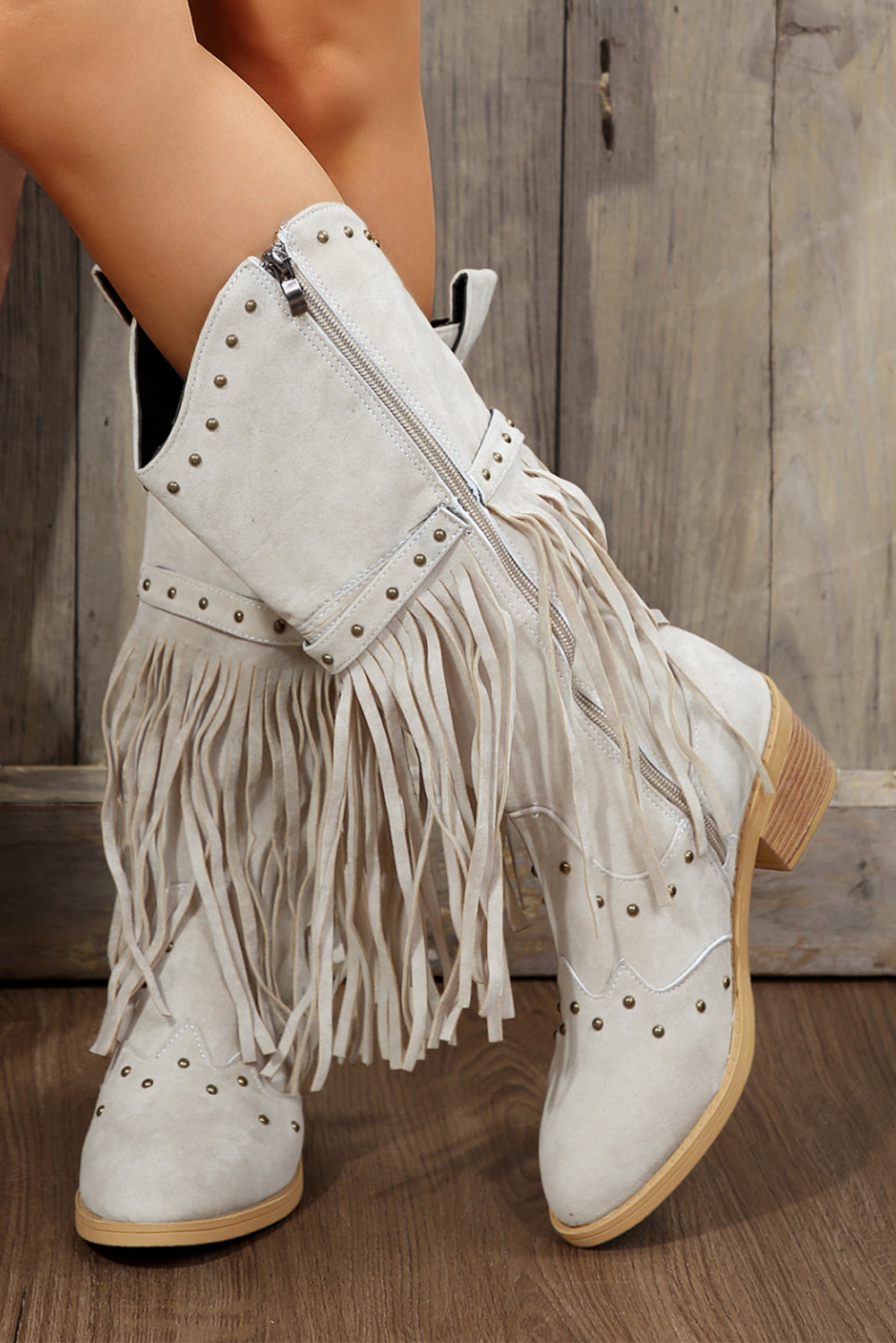 Jet Stream Faux Suede Studded Fringe Trim Heel Boots Boots d76f0fec9f2ea3f2