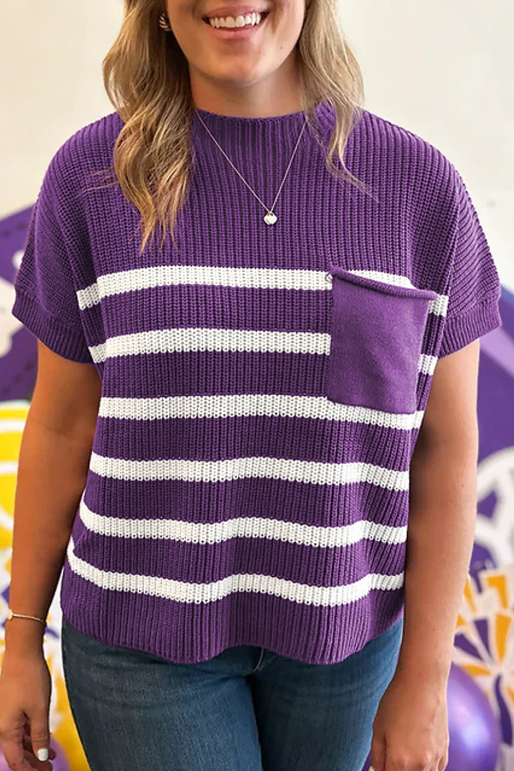 Purple Stripe Raw Edge Patched Pocket Short Sleeve Knit Sweater Sweaters d77db00a8cba09e6