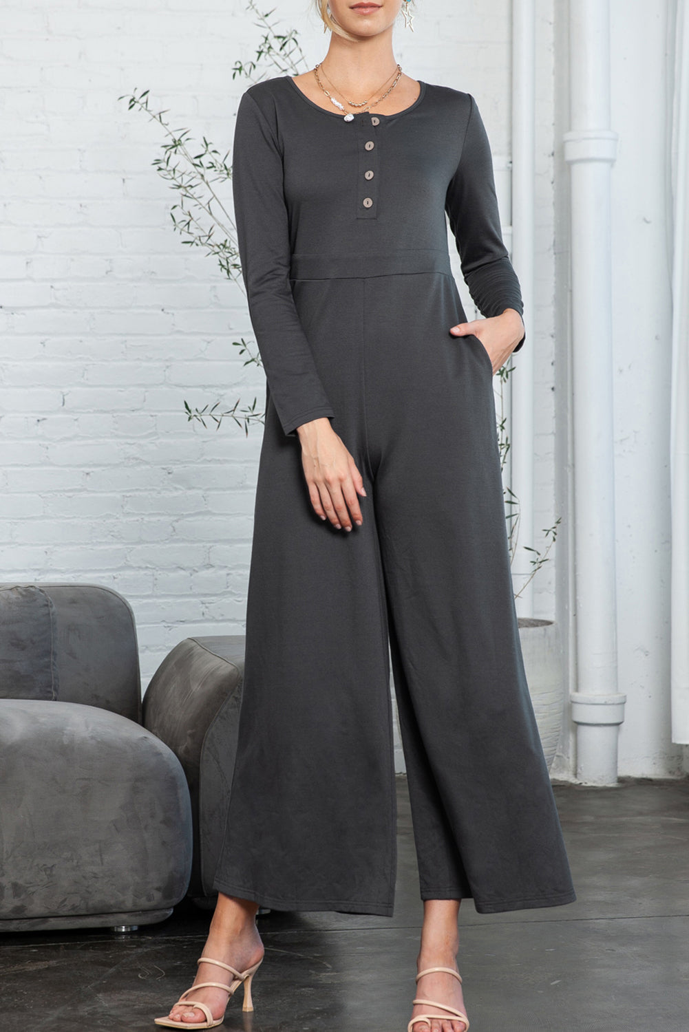 Dark Grey Henley Long Sleeve Wide Leg Jumpsuit with Pockets Jumpsuits d7b49ba48489df84