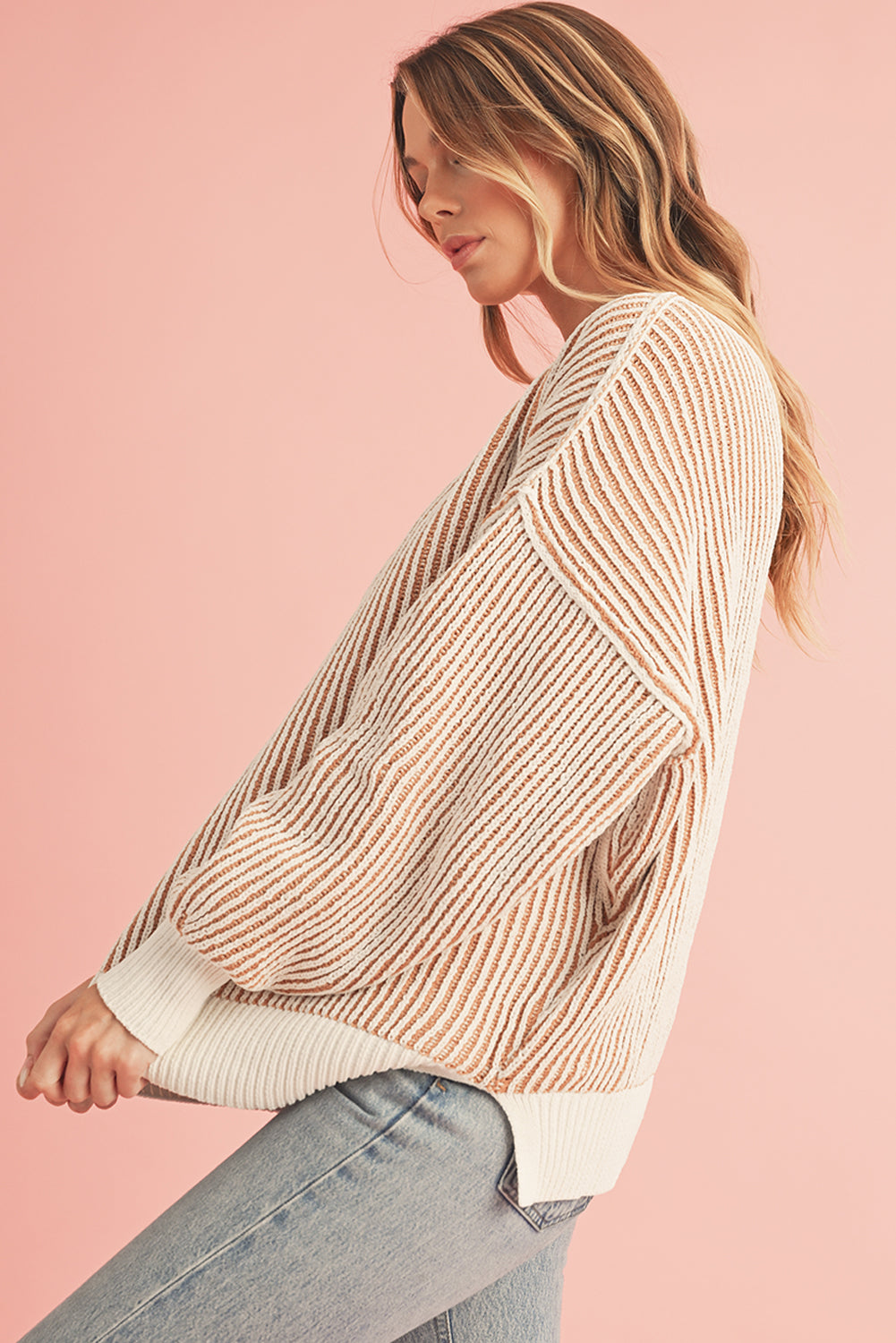 Chestnut Striped Contrast Trim Loose Sweater Sweaters d7b81967716eb967