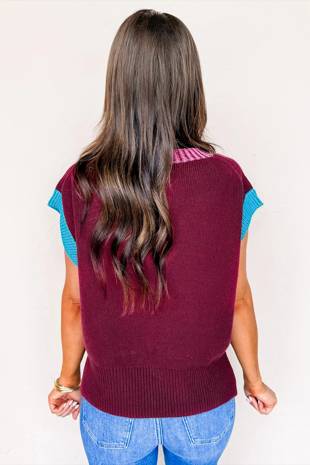 Burgundy Contrast Trim V Neck Cuffed Short Sleeve Loose Sweater Short Sleeve Sweater d7be7a28be3dcb0c