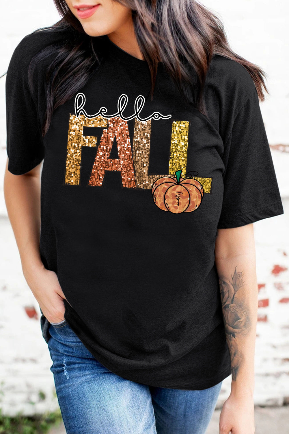 Black Hello Fall Letter Pumpkin Heat Transfer Printing T Shirt Graphic Tees d7c34987f4da51be