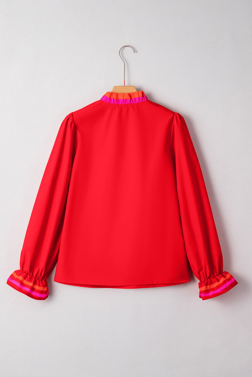 Fiery Red Striped Trim Ruffle Split Neck Long Sleeve Blouse Blouses d7f0dacef607f7dc