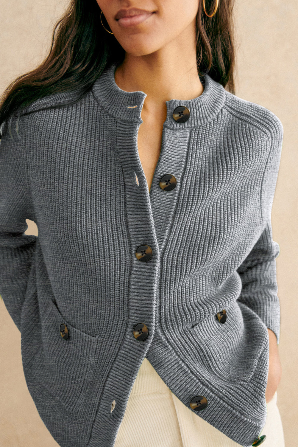 Medium Grey Chunky Buttoned Front Round Neck Cardigan Sweater Cardigans d86ca739639a770d