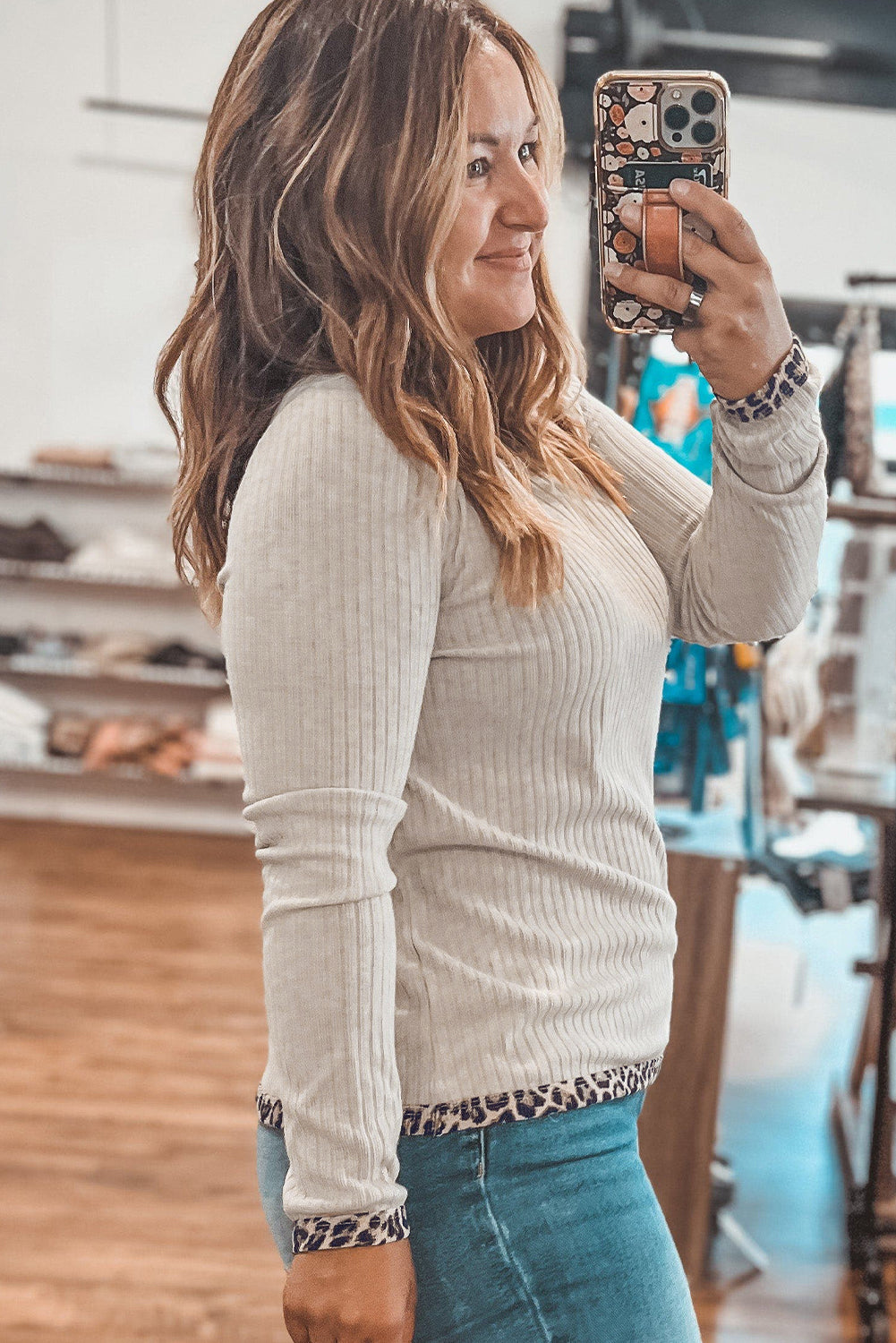 Parchment Ribbed Contrast Leopard Edge Round Neck Plus Size Top Plus Size Tops d8c280469122ff70