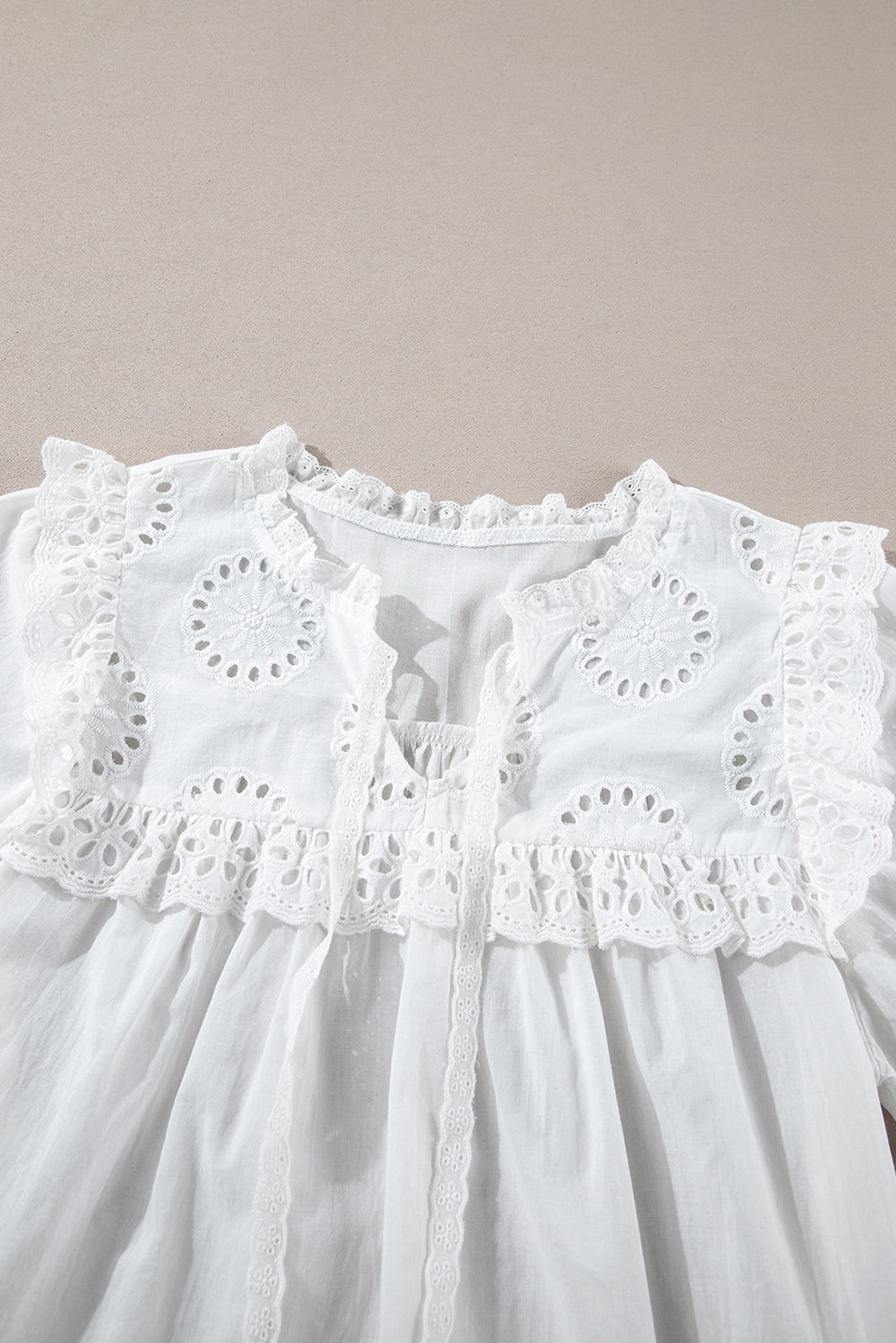 White Embroidered Lace Patchwork Tie Neck Half Sleeve Blouse Blouses d8f555b76c9148d1