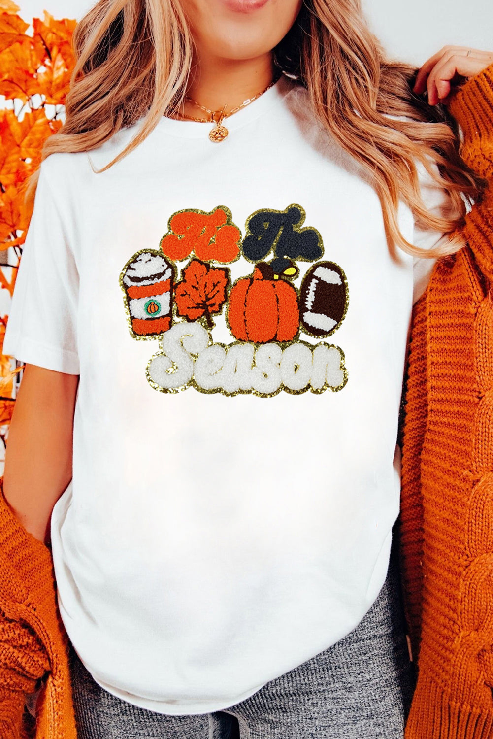 White Iis The Season Pumpkin Spice Terry Flocking Graphic Crewneck T Shirt Graphic Tees d91971a69f45788e