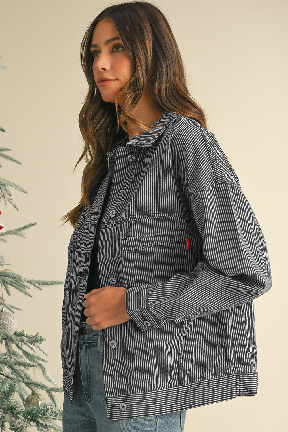 Blue Stripe Washed Oversized Pocketed Denim Jacket Jackets d92cfd13012477a7