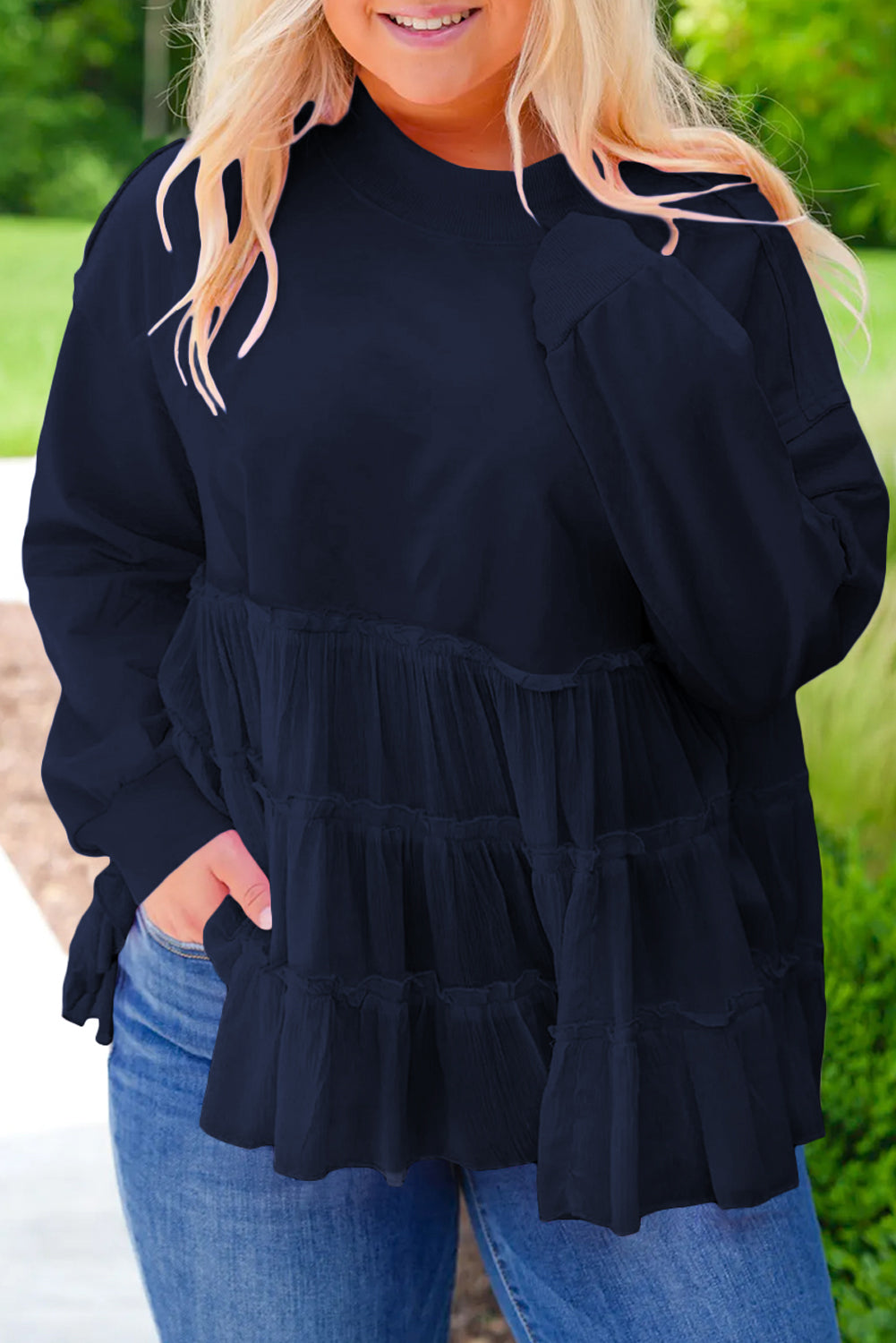 Navy Blue Frill Tiered Patchwork Ribbed Trim Flowy Plus Size Top Plus Size Tops d9535f3fe10abbf4