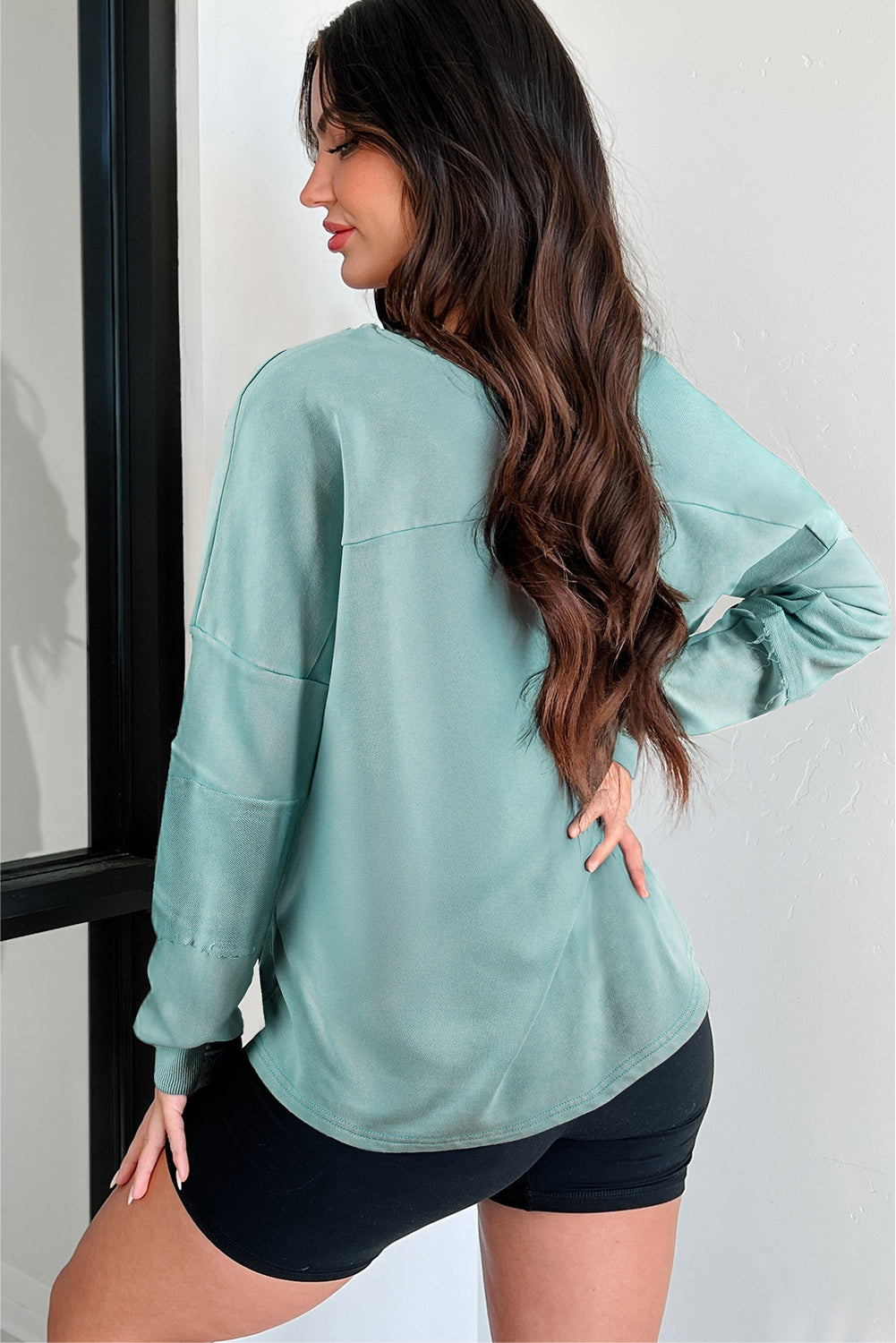Mist Blue Mineral Wash Exposed Seam Buttoned V Neck Pullover Top Long Sleeve Tops d9557c9001be387c