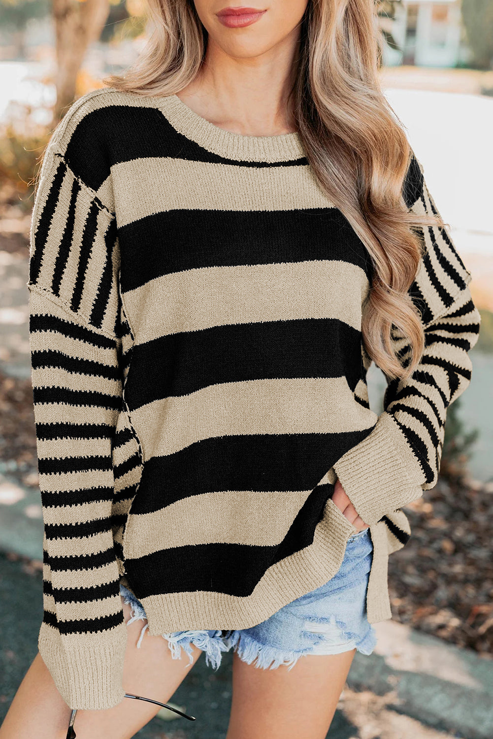 Black Stripe Drop Shoulder Sleeve Patchwork Baggy Sweater Sweaters d958a5edec238d10