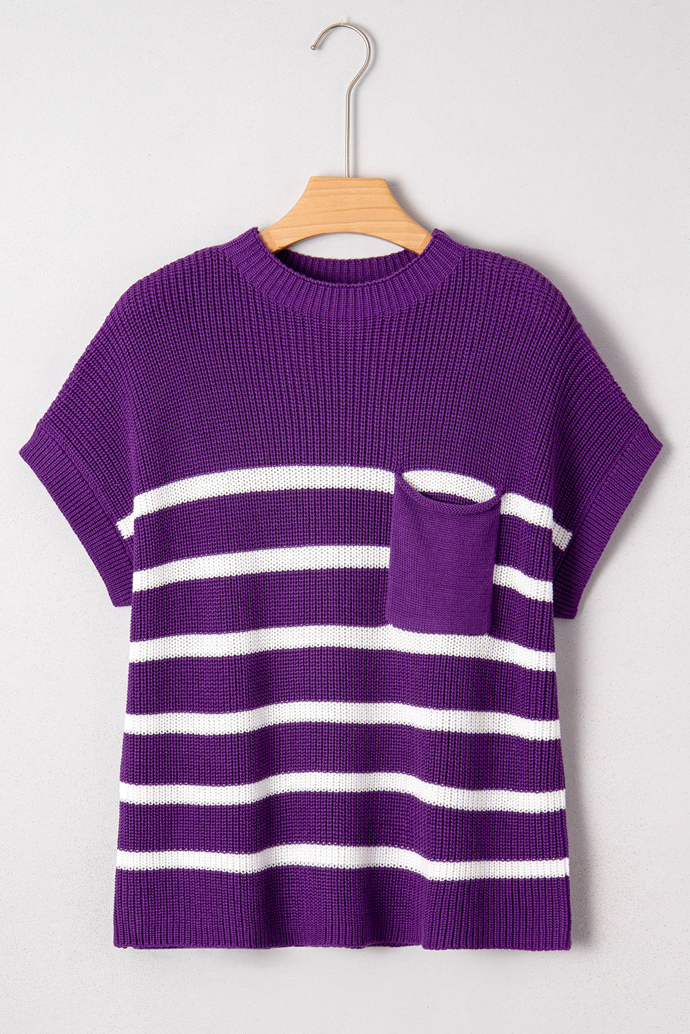 Purple Stripe Raw Edge Patched Pocket Short Sleeve Knit Sweater Sweaters d971b0a79292cf13