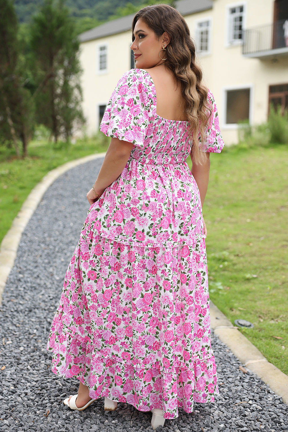 Pink Plus Size Floral Print Smocked Puff Sleeve Maxi Dress Plus Size Dresses d9f9e3345409d35b
