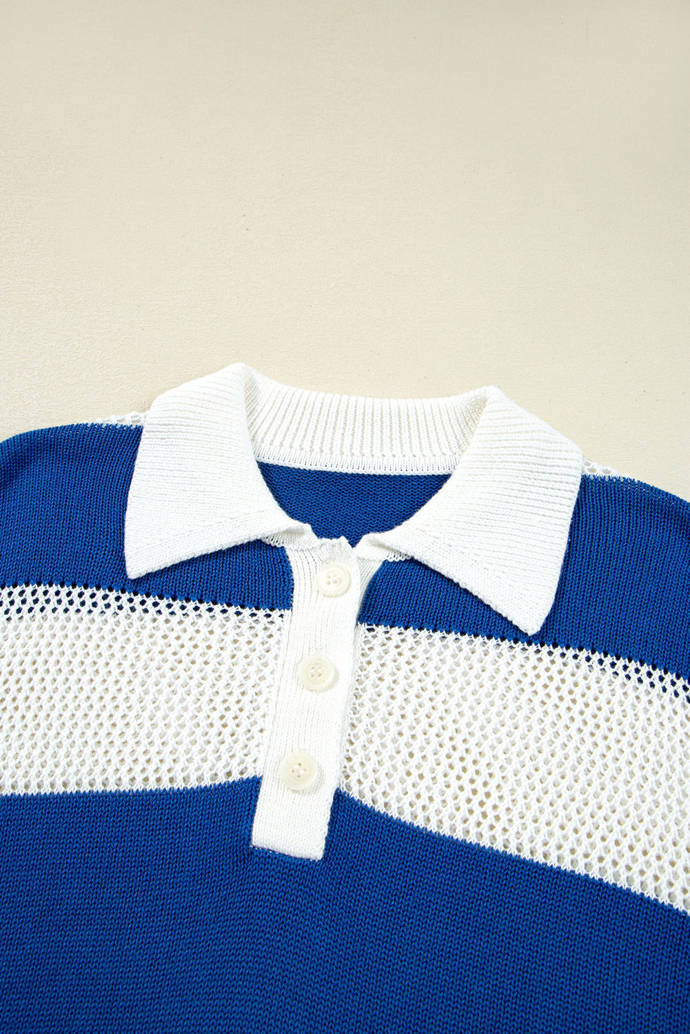 Blue Stripe Colorblock Polo Collar Eyelet Crochet Knit Sweater Sweaters da9070b4053667f8