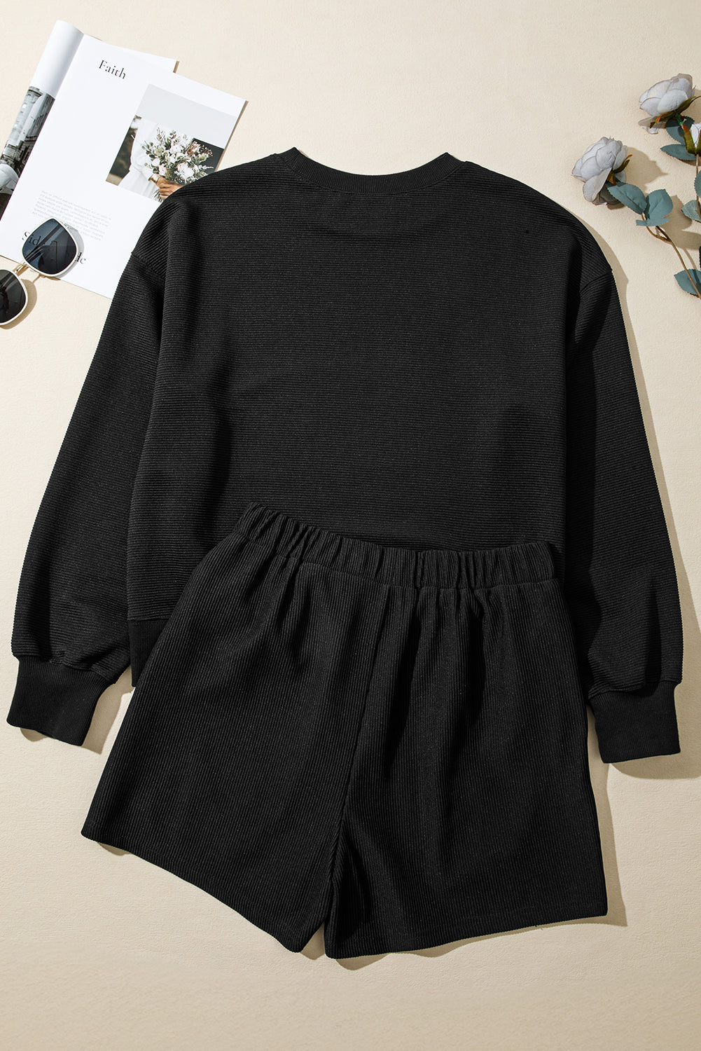 Black Ribbed Texture Baggy Drop Shoulder Pullover and Shorts Set Two Piece Shorts Sets dab0b8ec299f1a1a