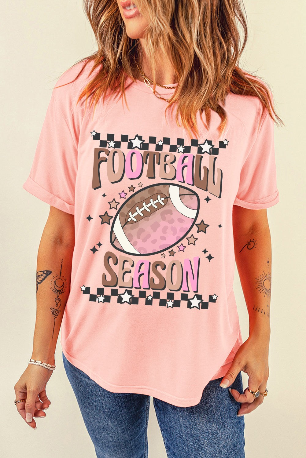 Pink FOOTBALL SEASON Heat Transfer Printing Graphic Game Day T Shirt Graphic Tees dac259ed629fa4d2