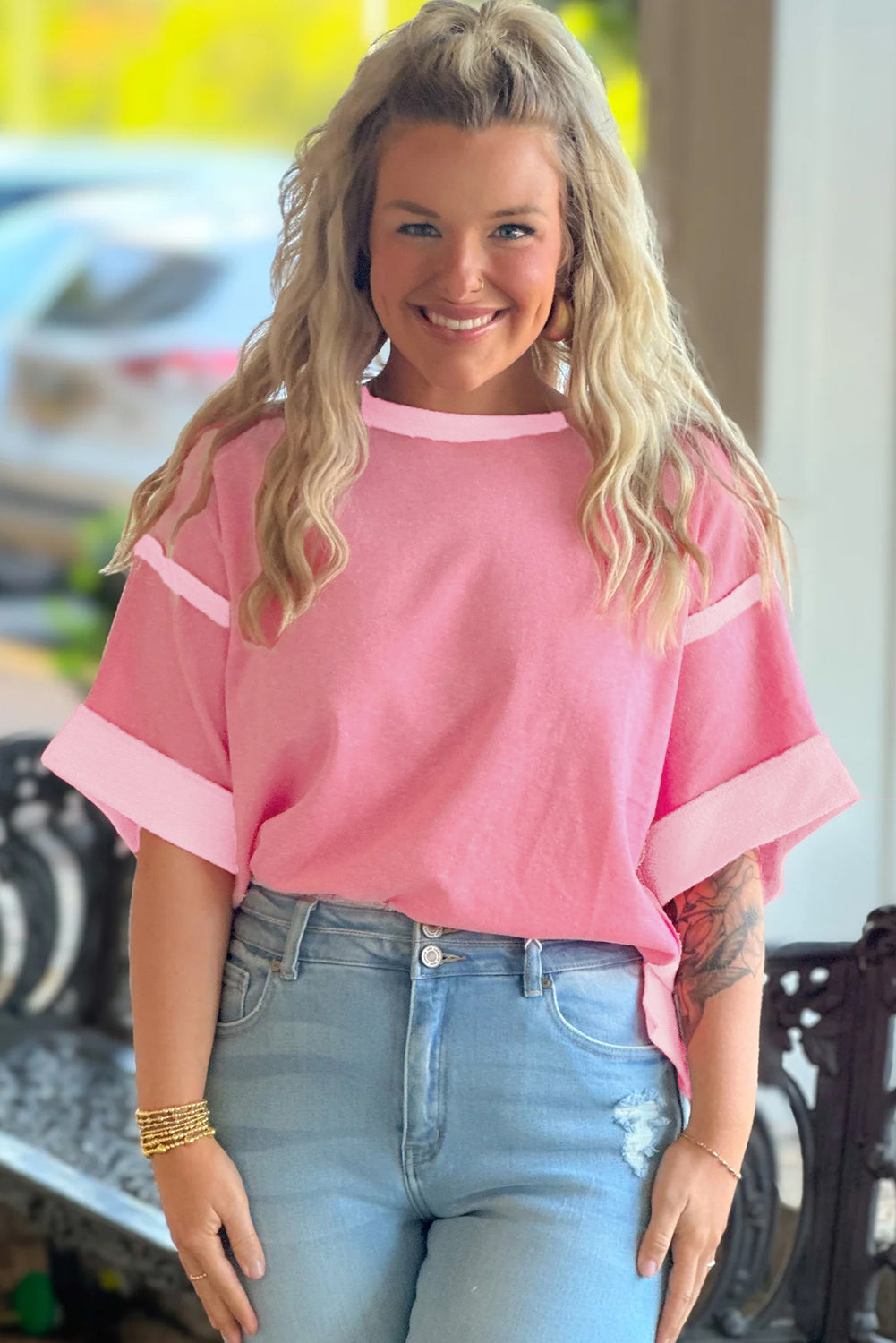 Peach Blossom Color Block Patchwork Plus Size Top Plus Size Tops dad4430e58480217