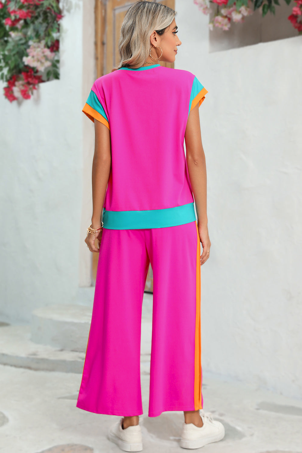 Strawberry Pink Colorblock Cap Sleeve Tee and Wide Leg Pants Set Two Piece Pants Sets daeed6977230f1ef