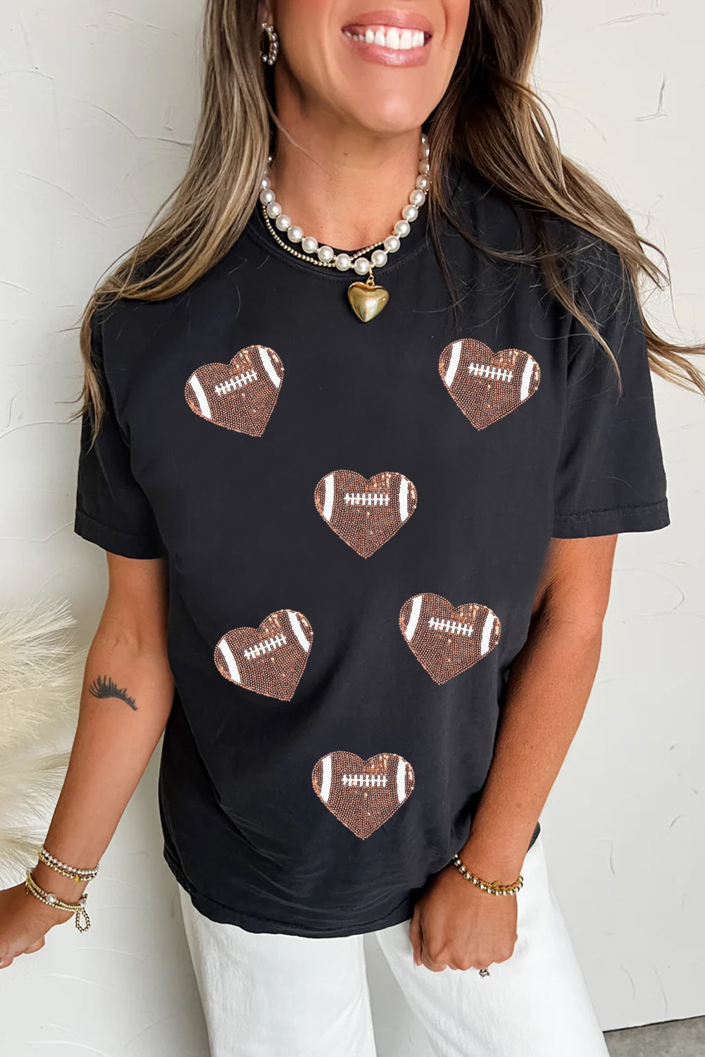 Black Football Sequin Heart Patched Graphic Tee Graphic Tees db1ed9042f145cee