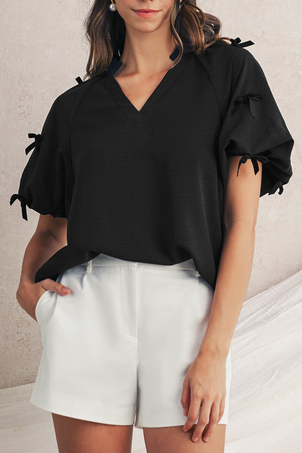 Black V Neck Bow Detail Puff Sleeve Blouse Blouses db6797db00d40907