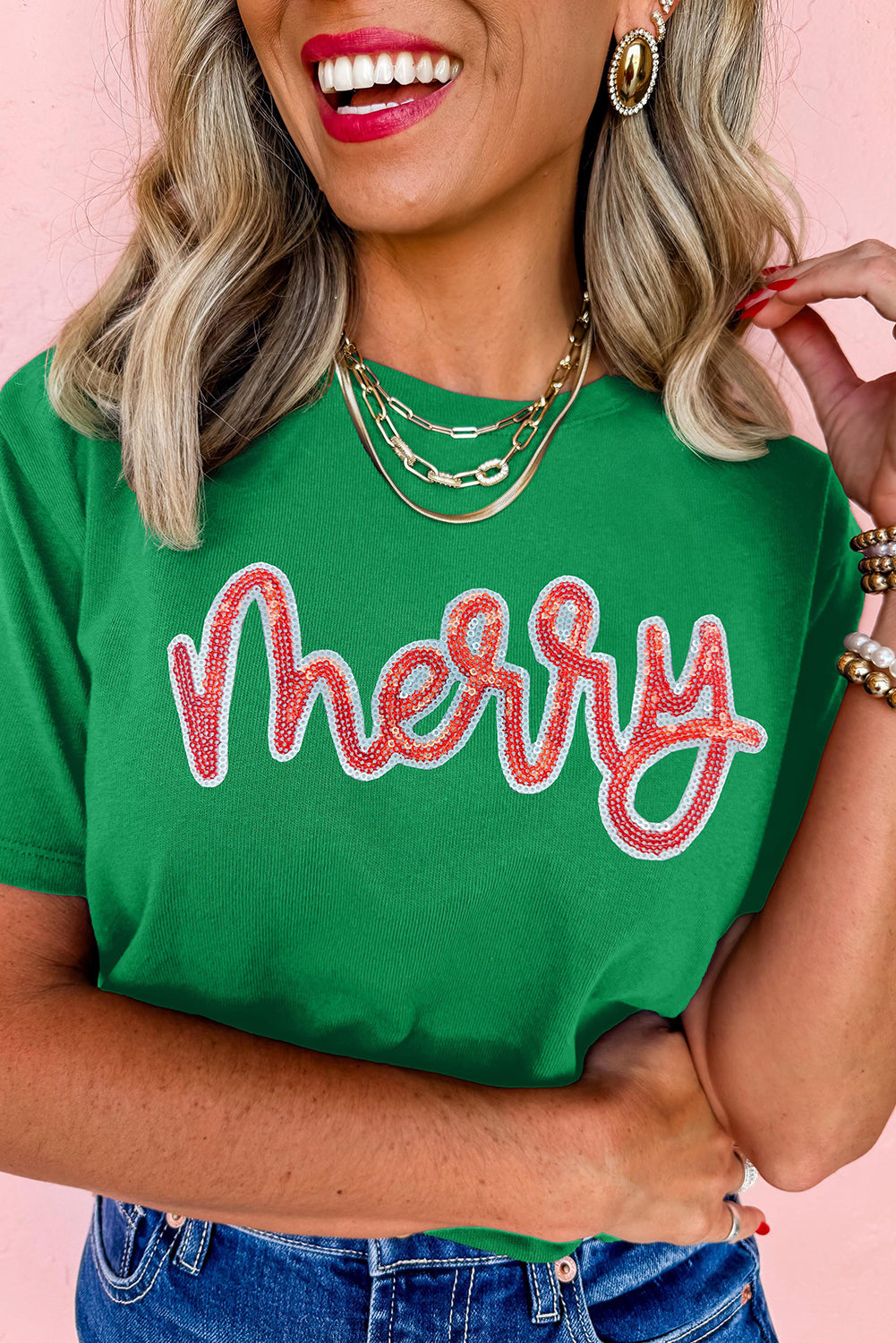 Bright Green merry Letter Sequins Patch Cotton Blend Tee Graphic Tees db90f61d4f8c139a