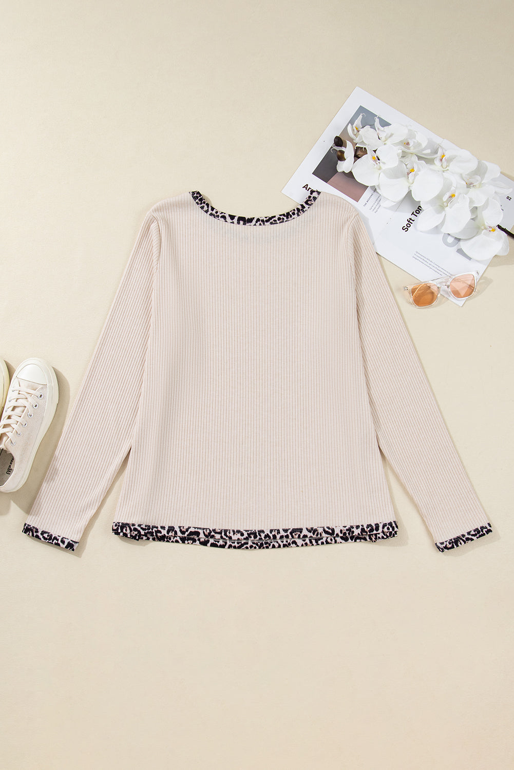 Parchment Ribbed Contrast Leopard Edge Round Neck Plus Size Top Plus Size Tops dbbebf13d568d263