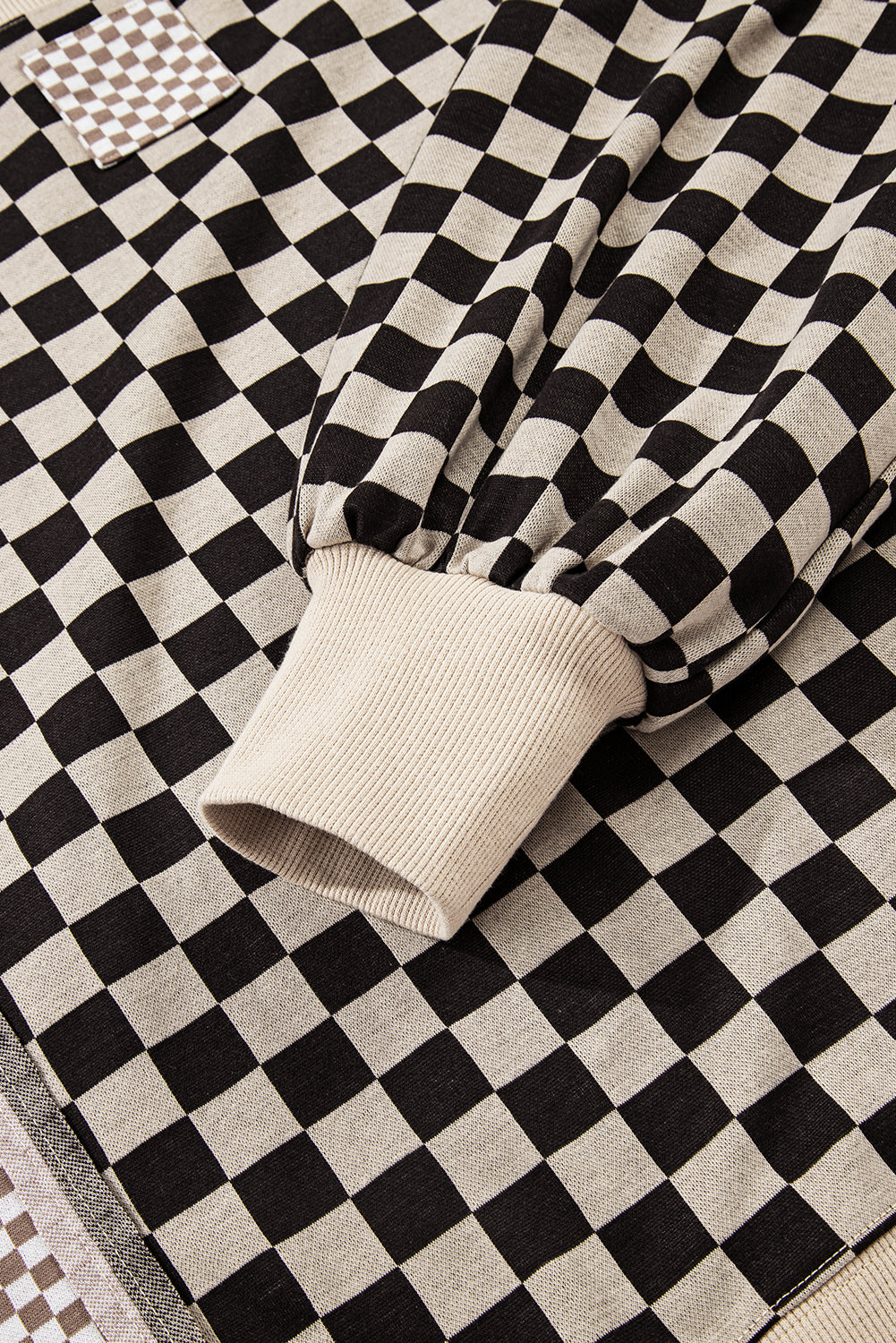 Khaki Mixed Checkered Pattern Patchwork High Low Casual Top Long Sleeve Tops dc0a25953f0bbae3