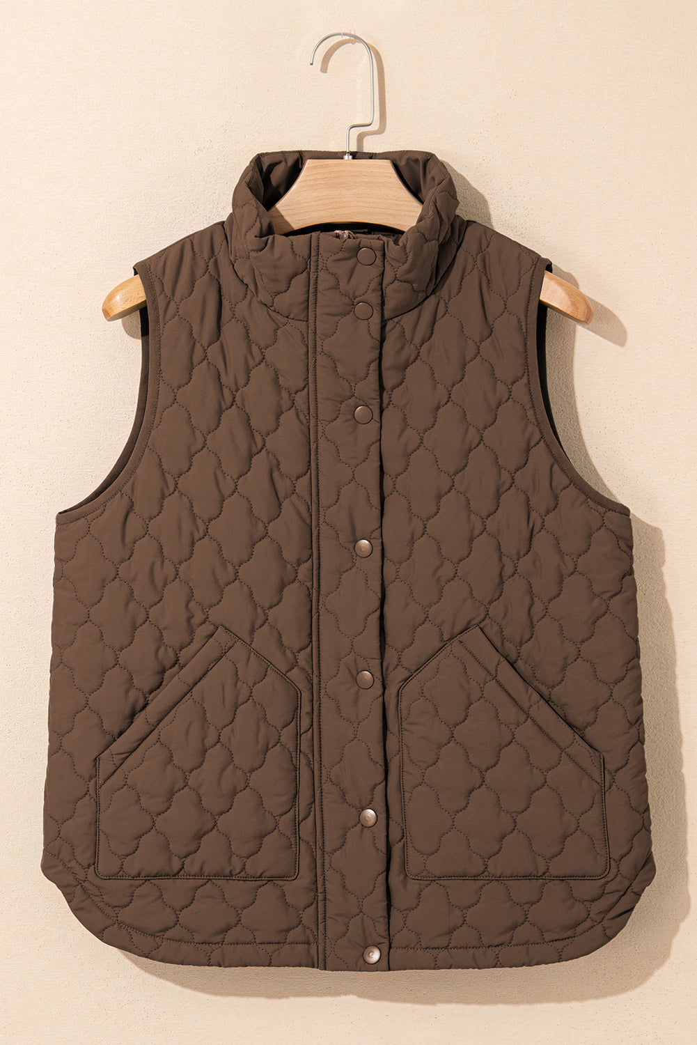 Dark Brown Flower Shape Quilted Snap Button Zip Up Winter Vest Coats dc191f0a0e9614b2