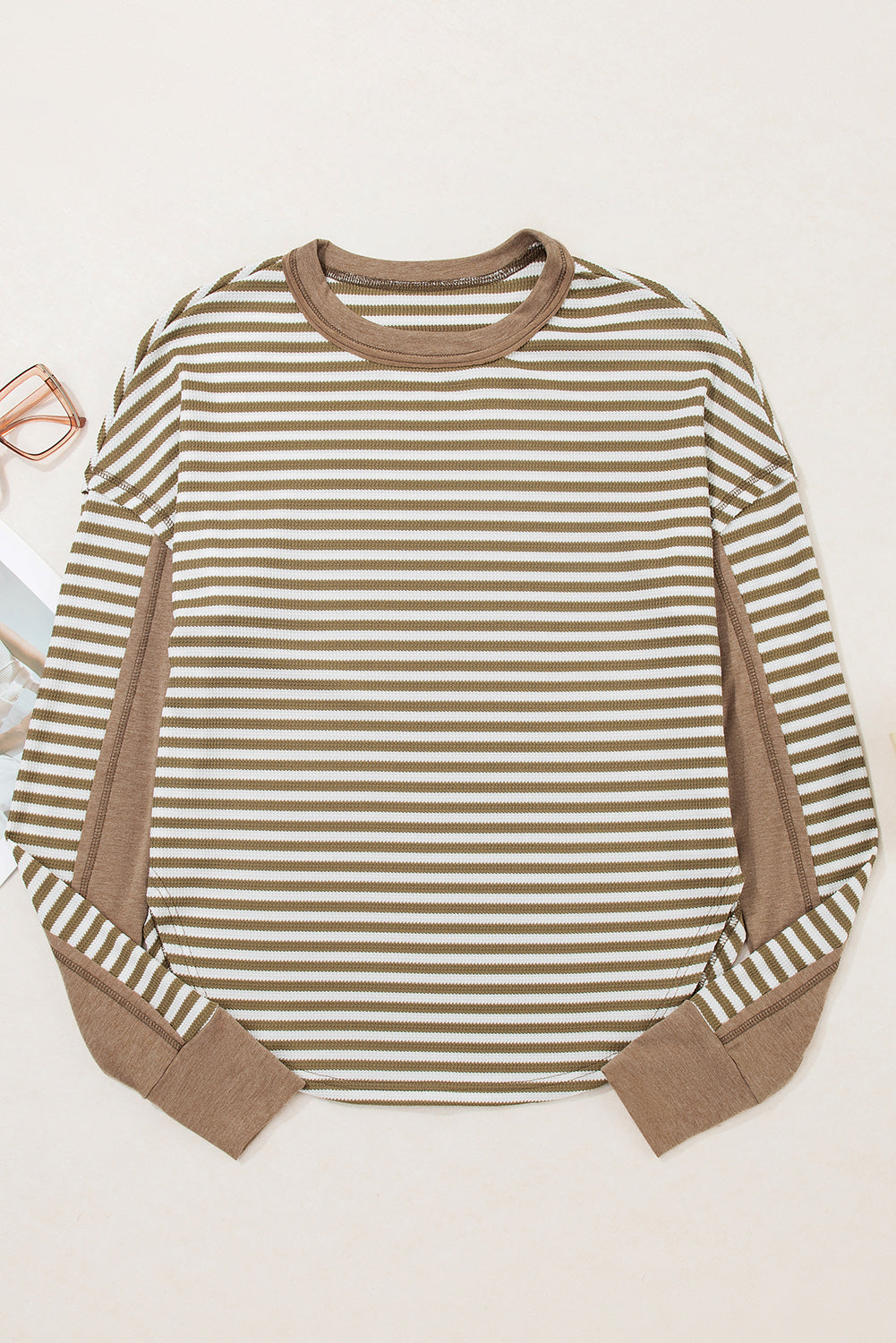 Khaki Stripe Patchwork Knit Drop Shoulder Top Long Sleeve Tops dc6768e92aa89994