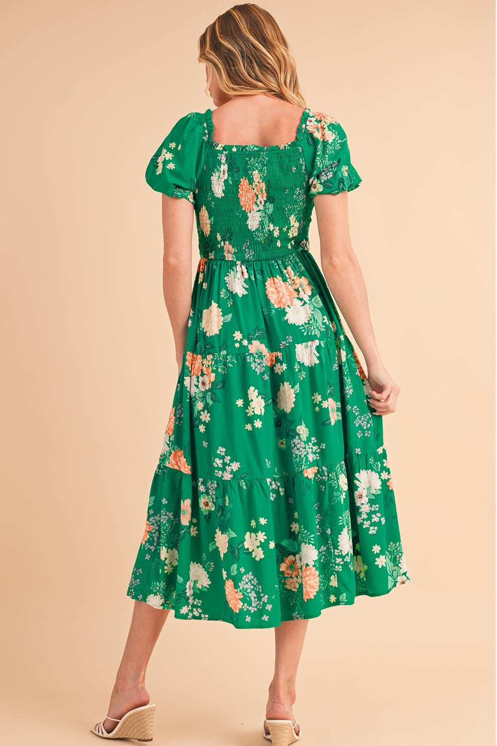Green Floral Print Bubble Sleeve Smocked Tiered Midi Dress Midi Dresses dc79fd49684e31d0