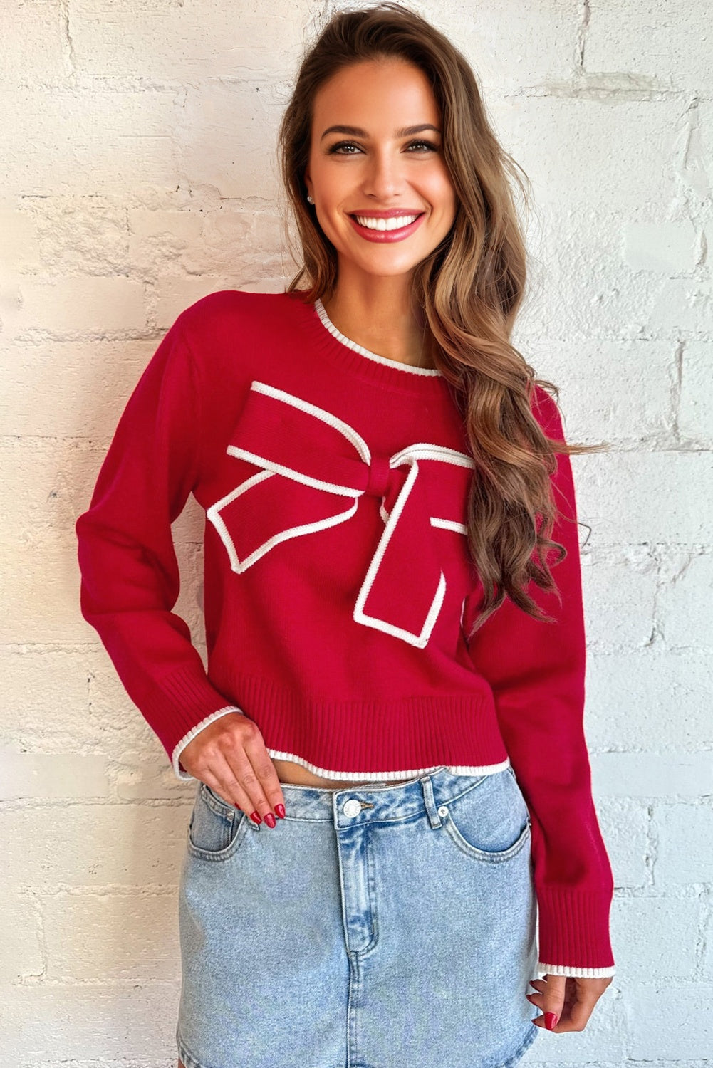 Fiery Red Contrast Trim Big Bow Accent Cropped Sweater Sweaters dccb789aa3f0c555