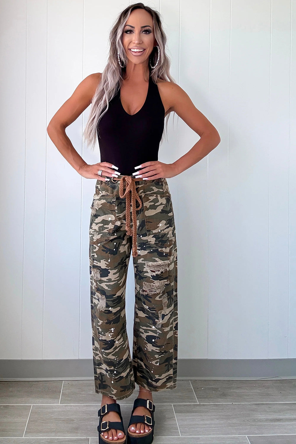 Green Camouflage Print Splashed Distressed Loose Denim Pants Jeans dce801ba35fe4212