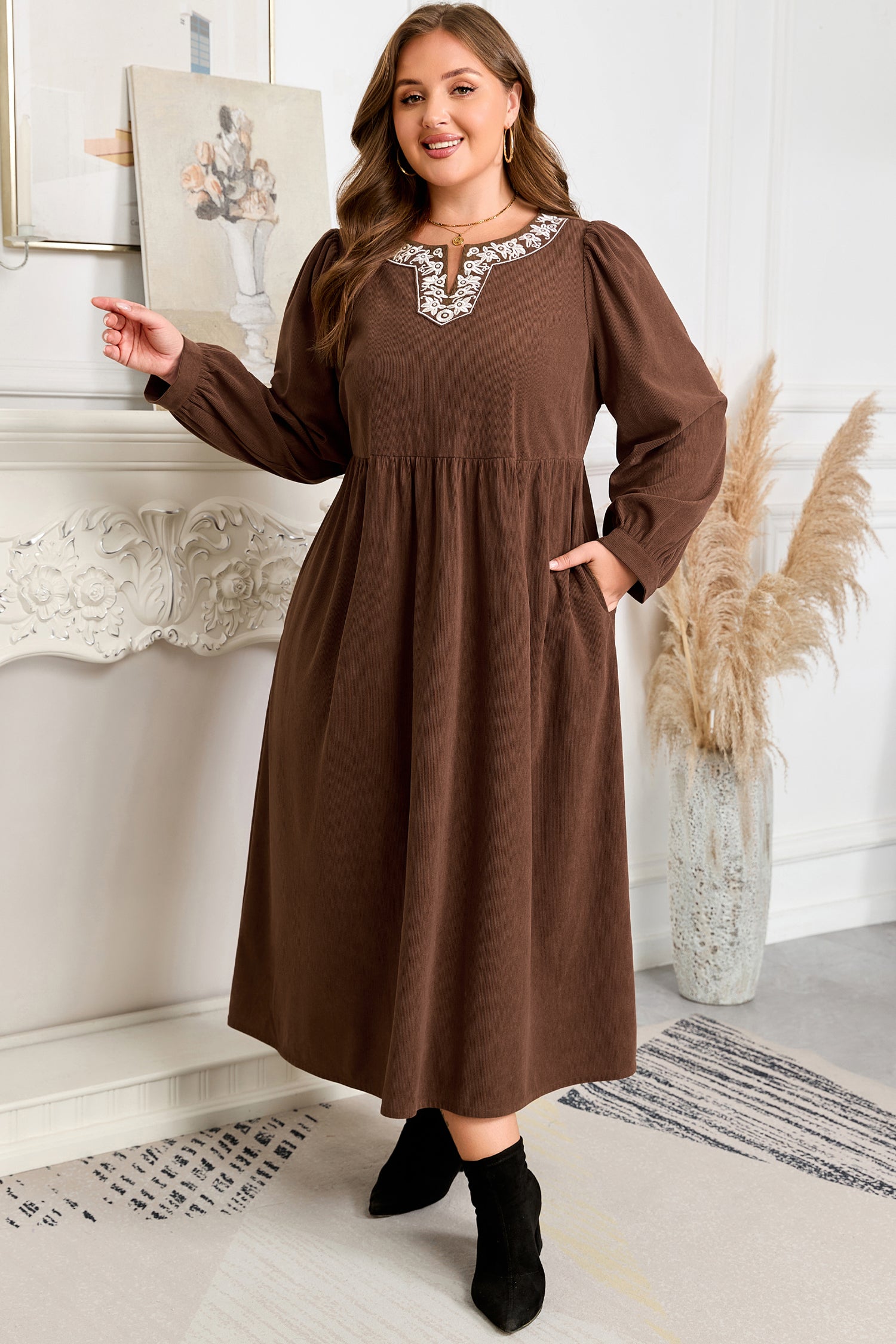 Coffee Embroidered Notched Neckline Textured Pleated High Waist Plus Size Midi Dress Plus Size Midi Dresses dd657f1767a1368c