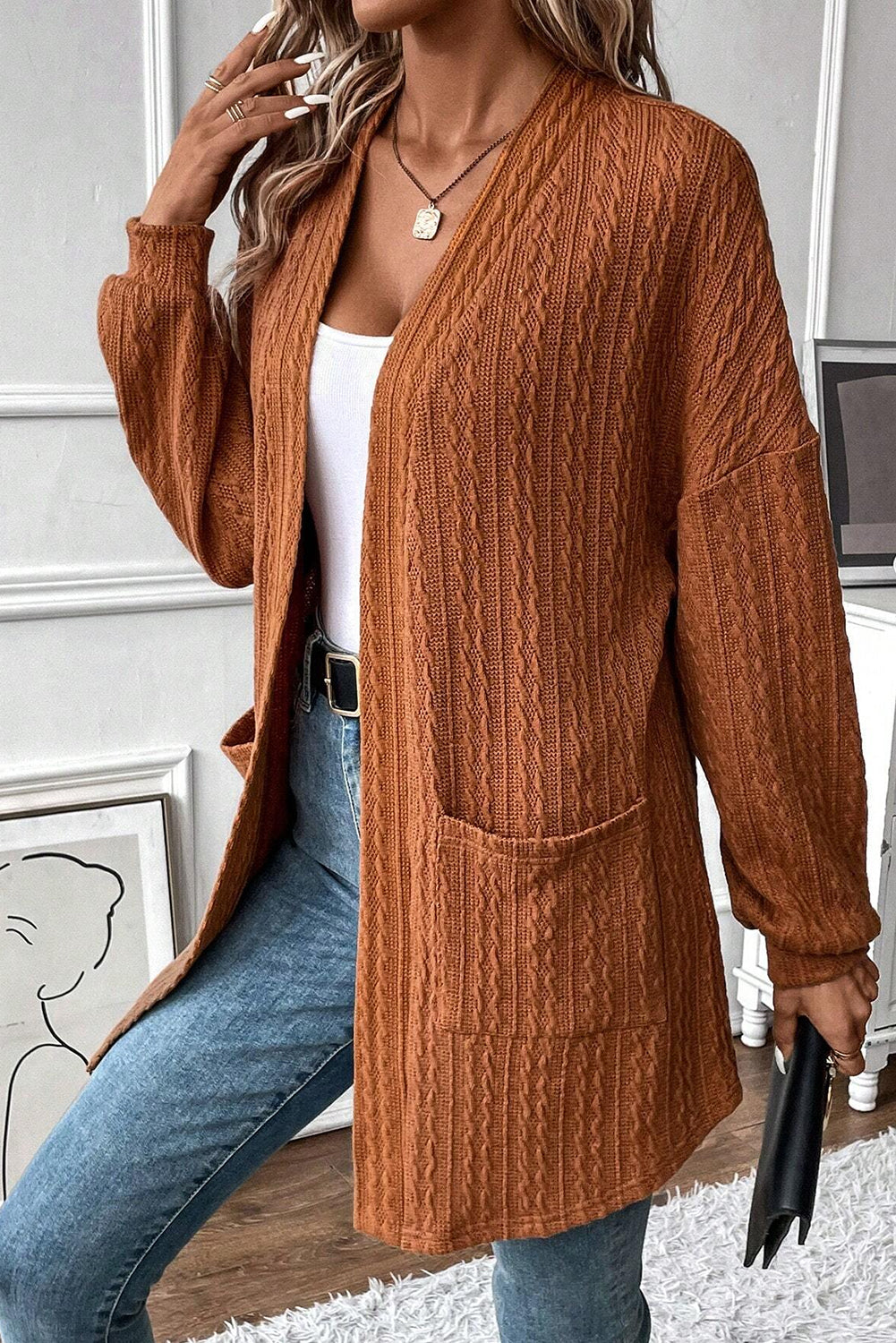 Chestnut Textured Knit Side Pockets Open Front Cardigan Cardigans dd9cf1901a9b7c7c