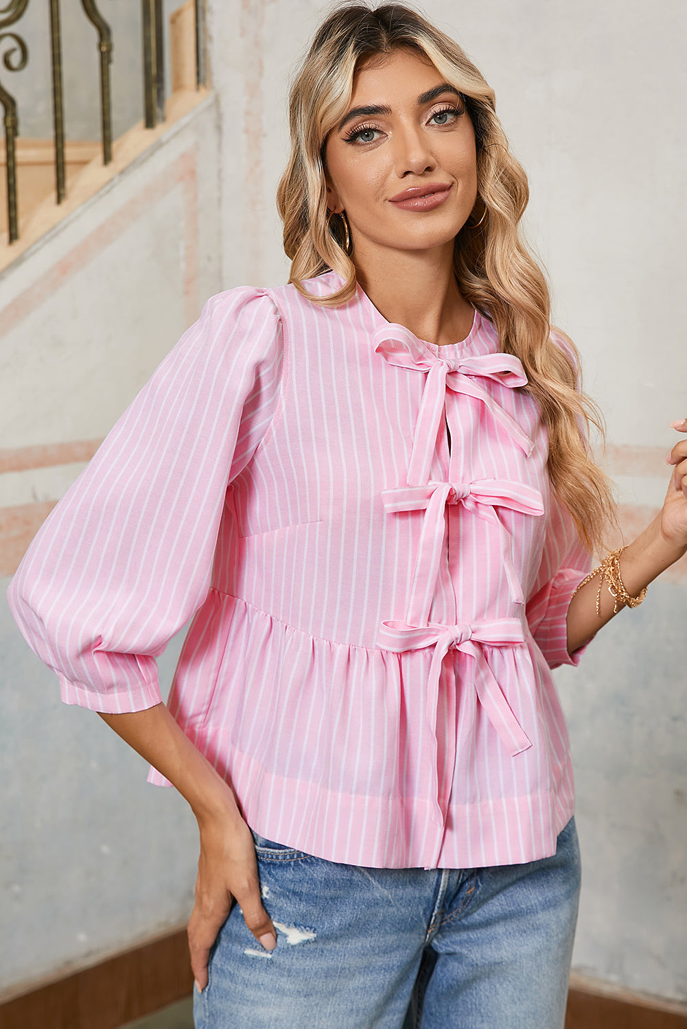 Pink Striped Print Sweet Bow Tie Blouse Blouses ddaf135815a108c6