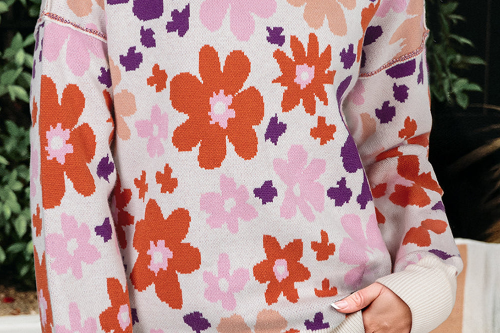 Khaki Vibrant Flower Round Neck Drop Sleeve Sweater Sweaters de199fb73cd994e1