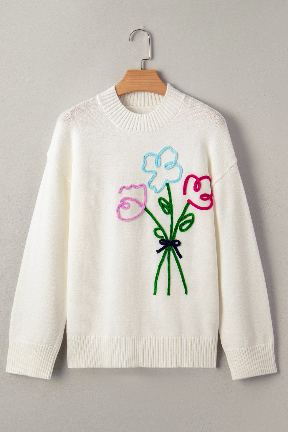 White Floral Embroidered Drop Sleeve Knit Sweater Sweaters de1b18c6a685efaa