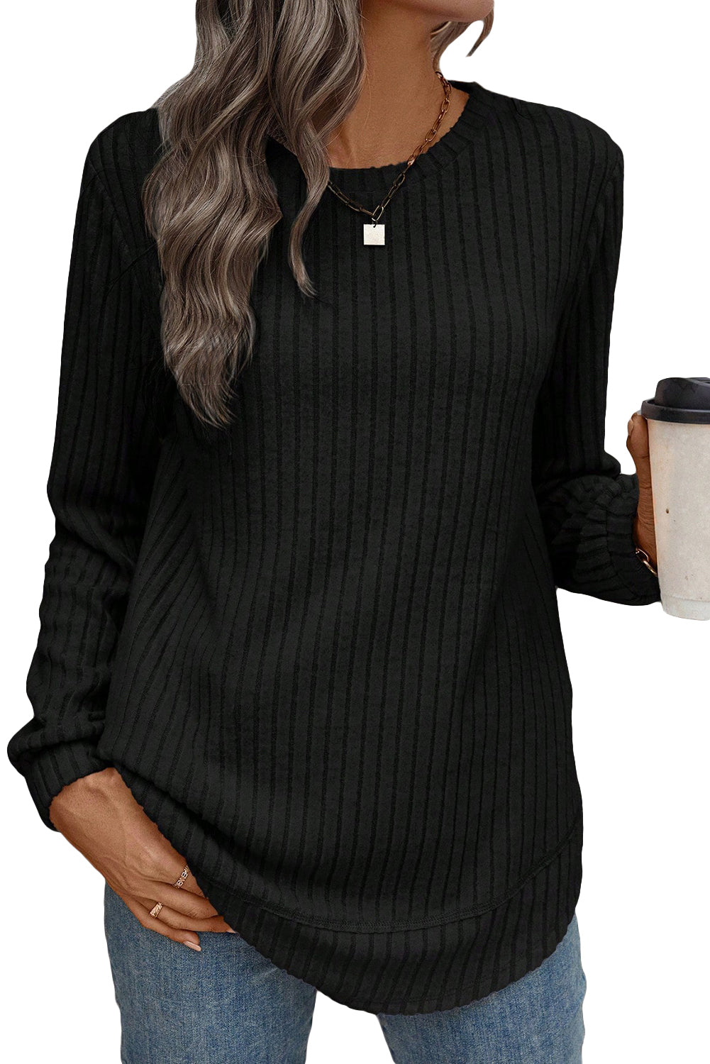 Ribbed Texture Round Neck Long Sleeve Rounded Hem Top Long Sleeve Tops de79e44cc270c30a