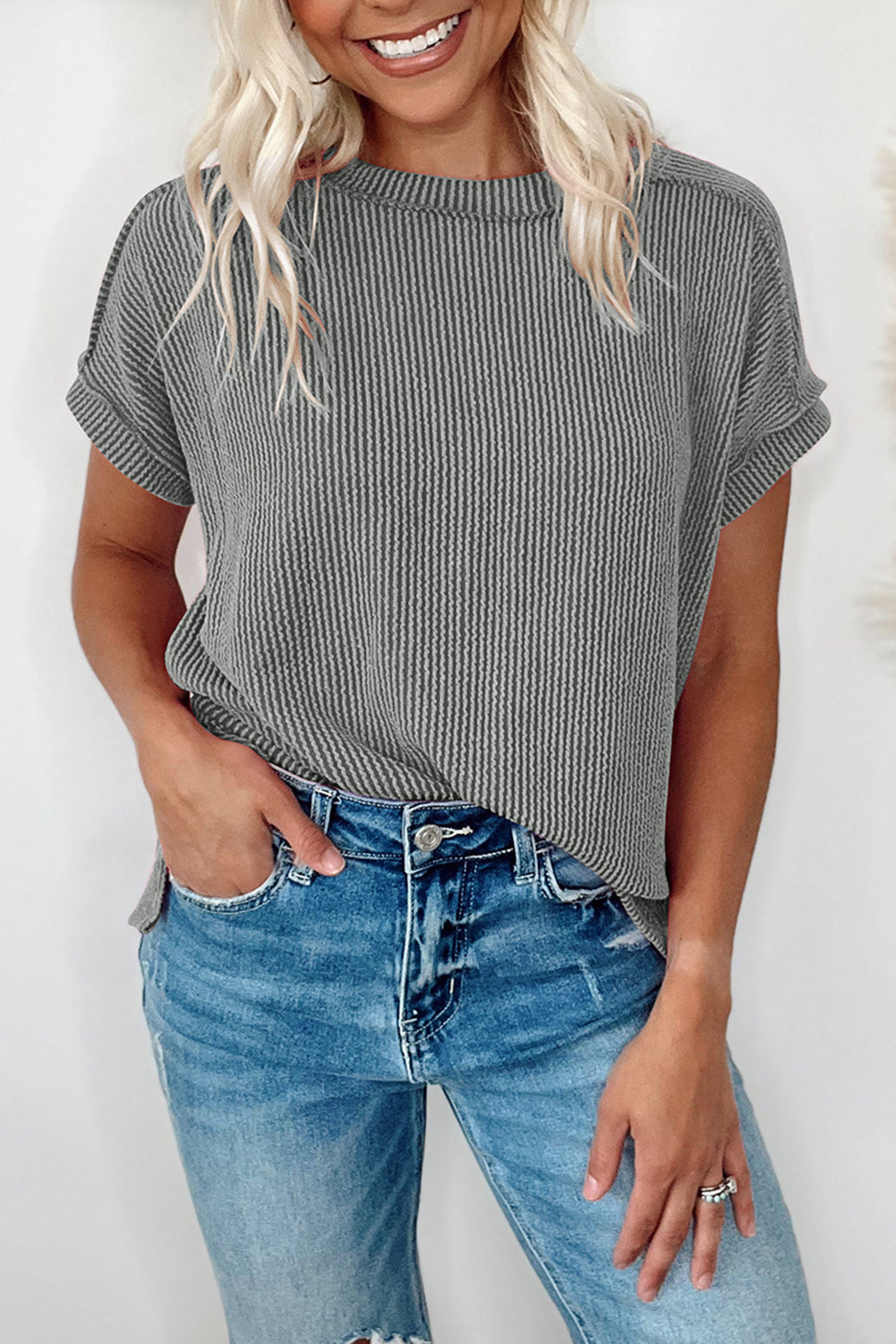 Medium Grey Crinkle Rib Knit Exposed Seam Round Neck T-shirt T Shirts de819060f7621172