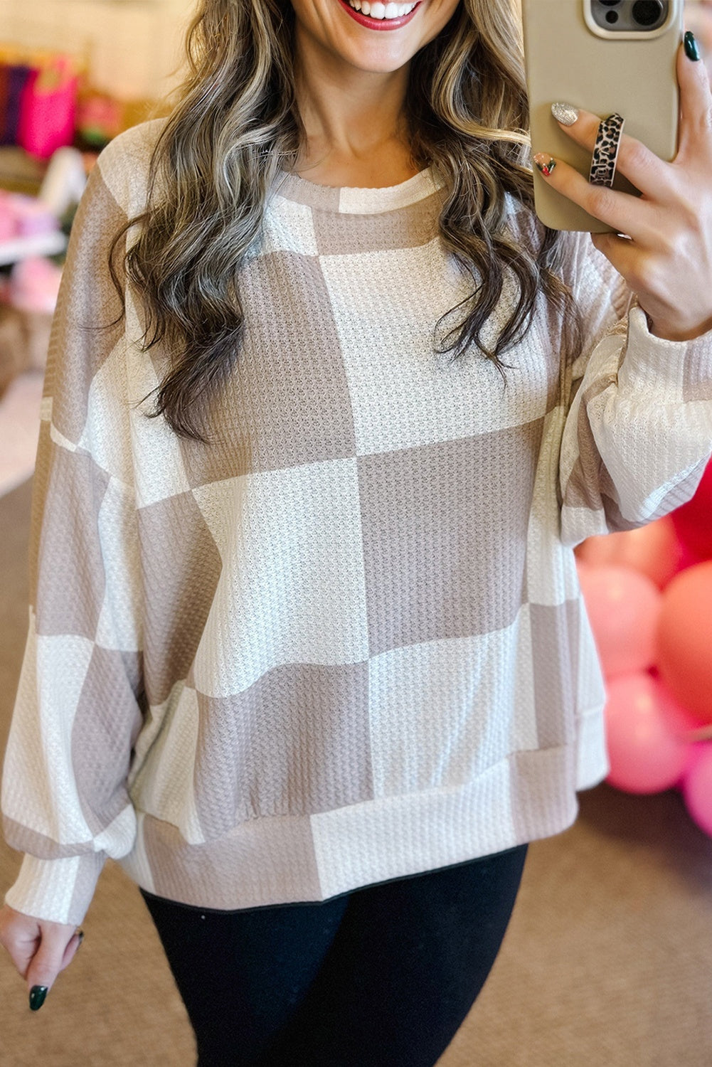 Khaki Breathable Textured Checkered Long Sleeve Top Long Sleeve Tops de8975d6ae567c30