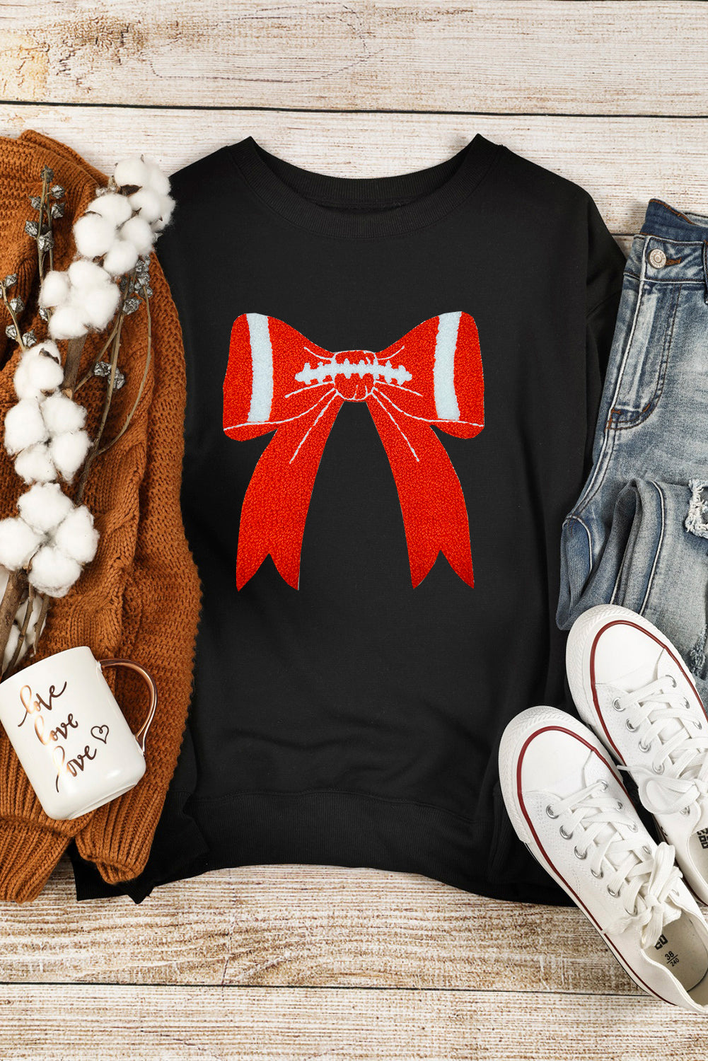 Black Game Day Chenille Bow Terry Flocking Drop Shoulder Sweatshirt Graphic Tees de9239e7c2f8ed20